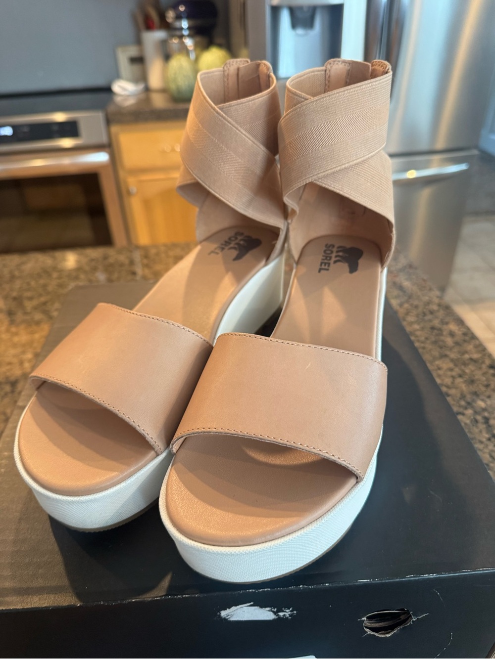 Sorel Women's Nude Tan Platform Sandals with Crisscross Ankle Strap